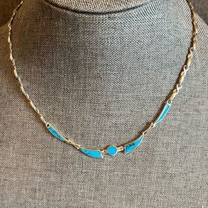 Vintage Sterling Silver 925 Turquoise inlay Necklace Choker 17” Art Deco Modern